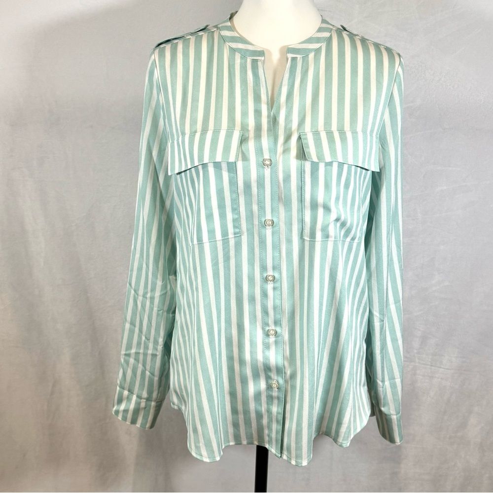 Calvin Klein mint green and white striped button down blouse top size small NWOT